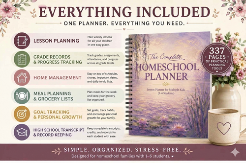 Homeschool Planner Undated Monet Inspired | All-in-One Lesson Planner for Multiple Kids | 300+ Pages, 6 Student Trackers, 365-Day Attendance Log & Curriculum Organizer