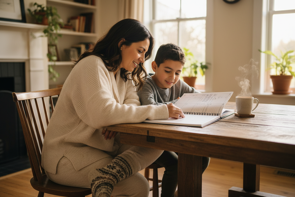 Hispanic Mom and Child with Monet Homeschool Planner