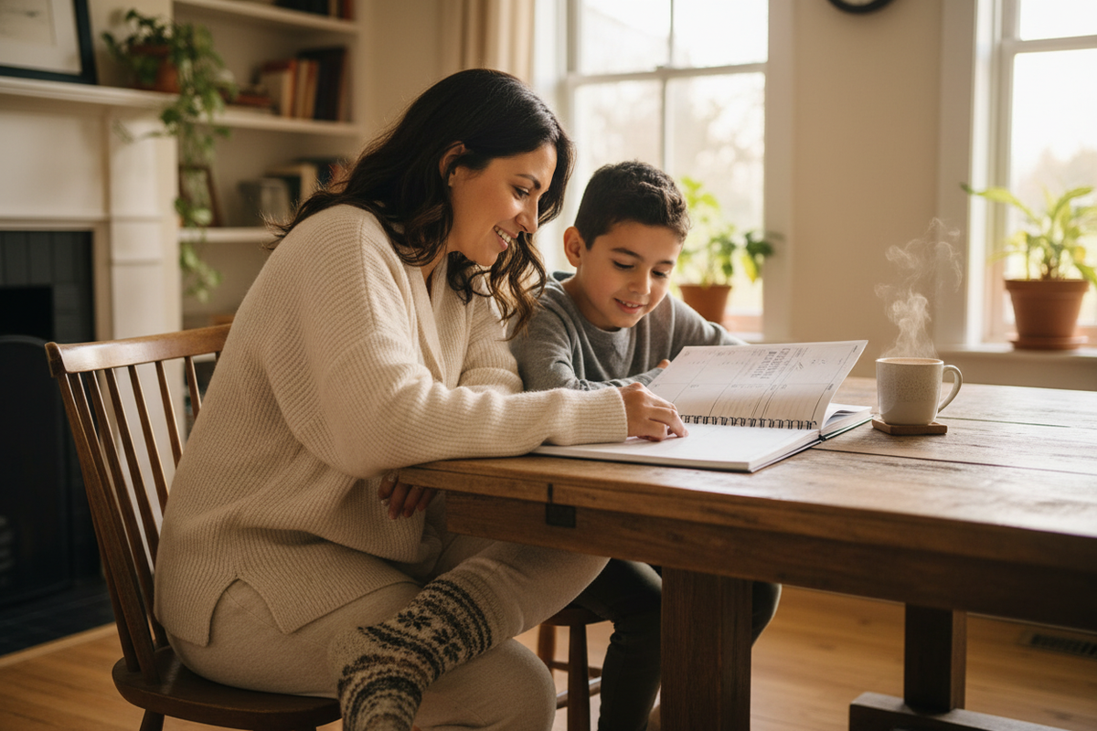 Hispanic Mom and Child with Monet Homeschool Planner