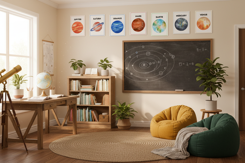 Homeschool classroom with all planet posters as wall border