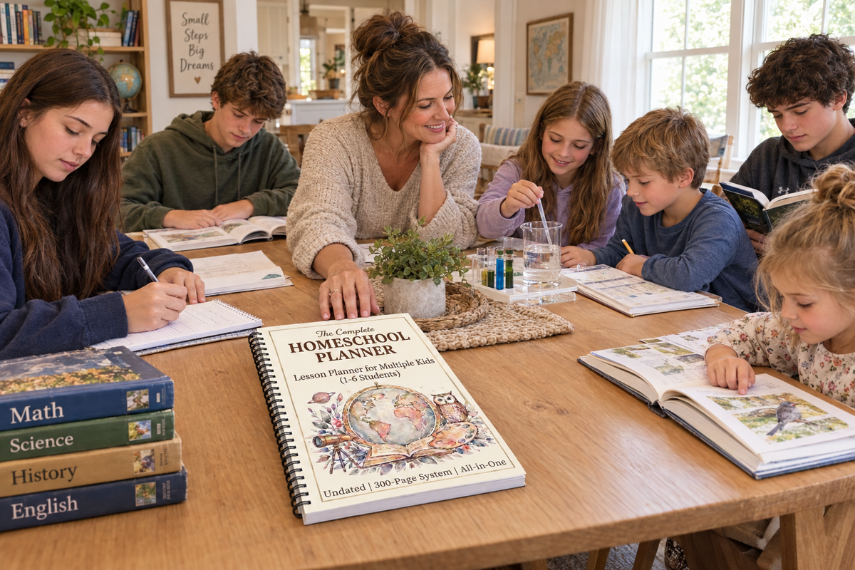 Homeschool family with six children, including three teenagers, and the planner on the table