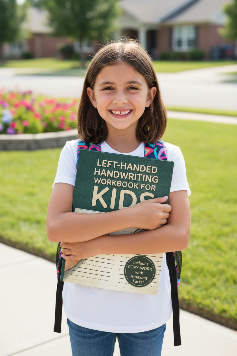 Girl outside with backpack hugging Left Handed Handwriting Workbook for Kids