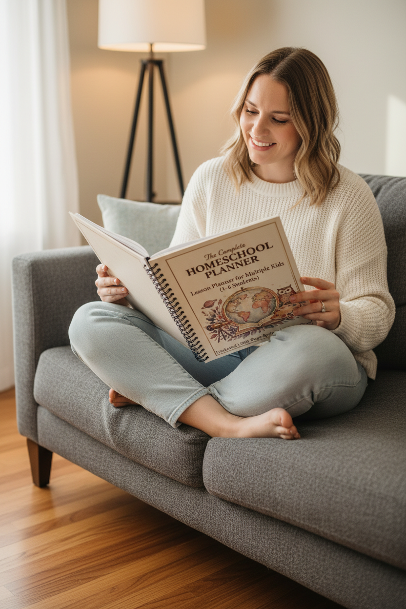 Relatable Woman Cross-Legged on Couch with Spiral Bound Planner